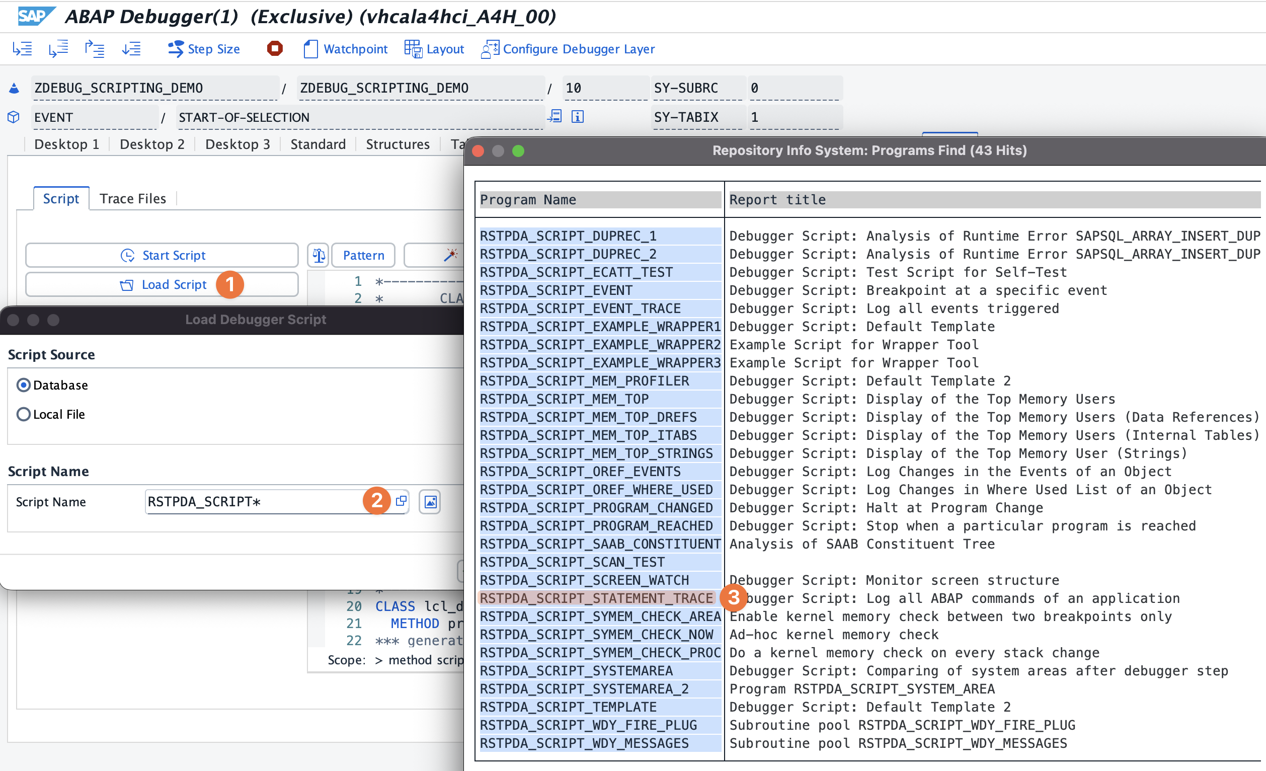 Loading a debugger script from the repository. The Load Script button opens a dialog where you can browse and select pre-built scripts.