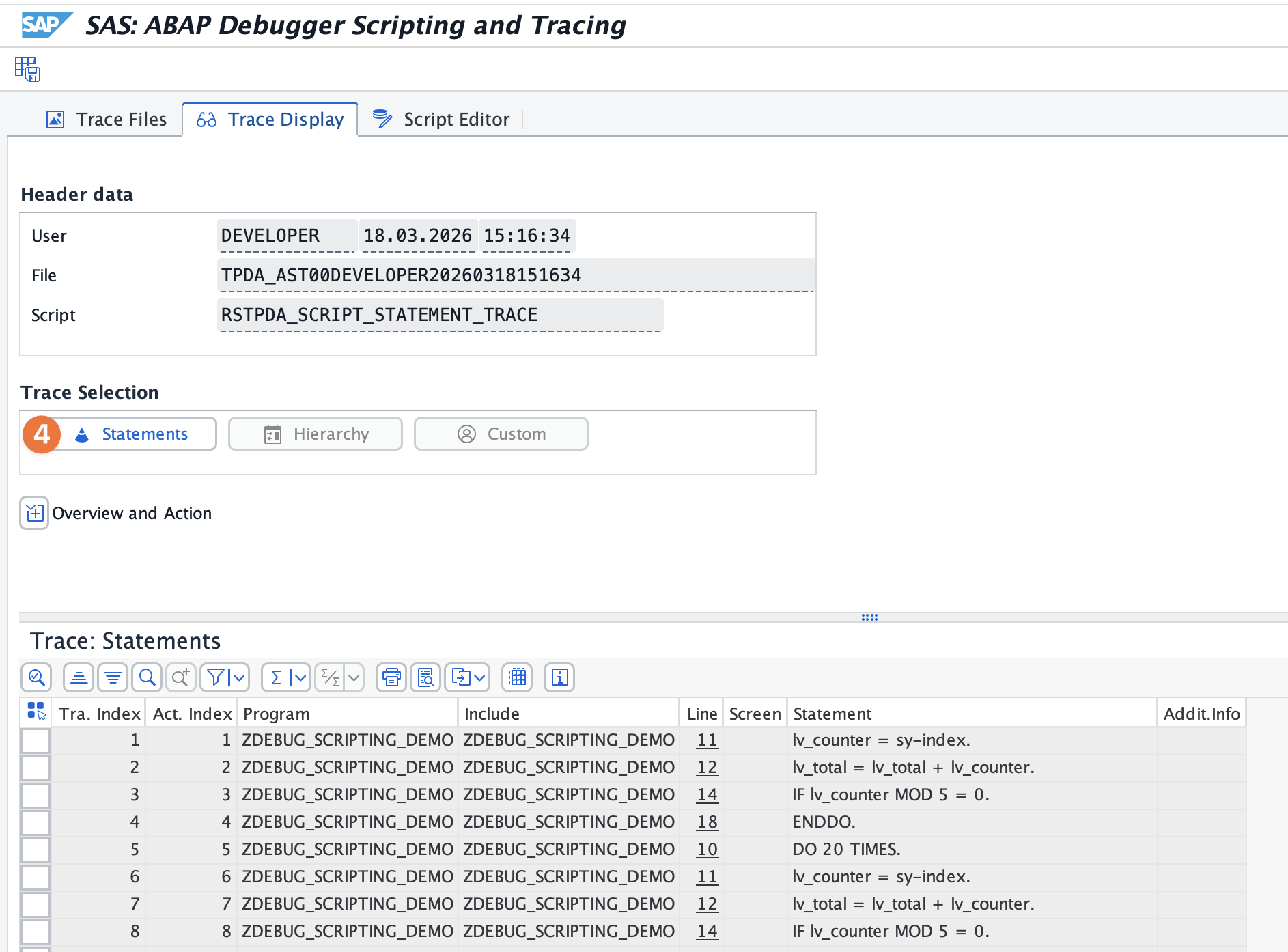 Transaction SAS showing the statement-level trace output with program names, line numbers, and executed statements.