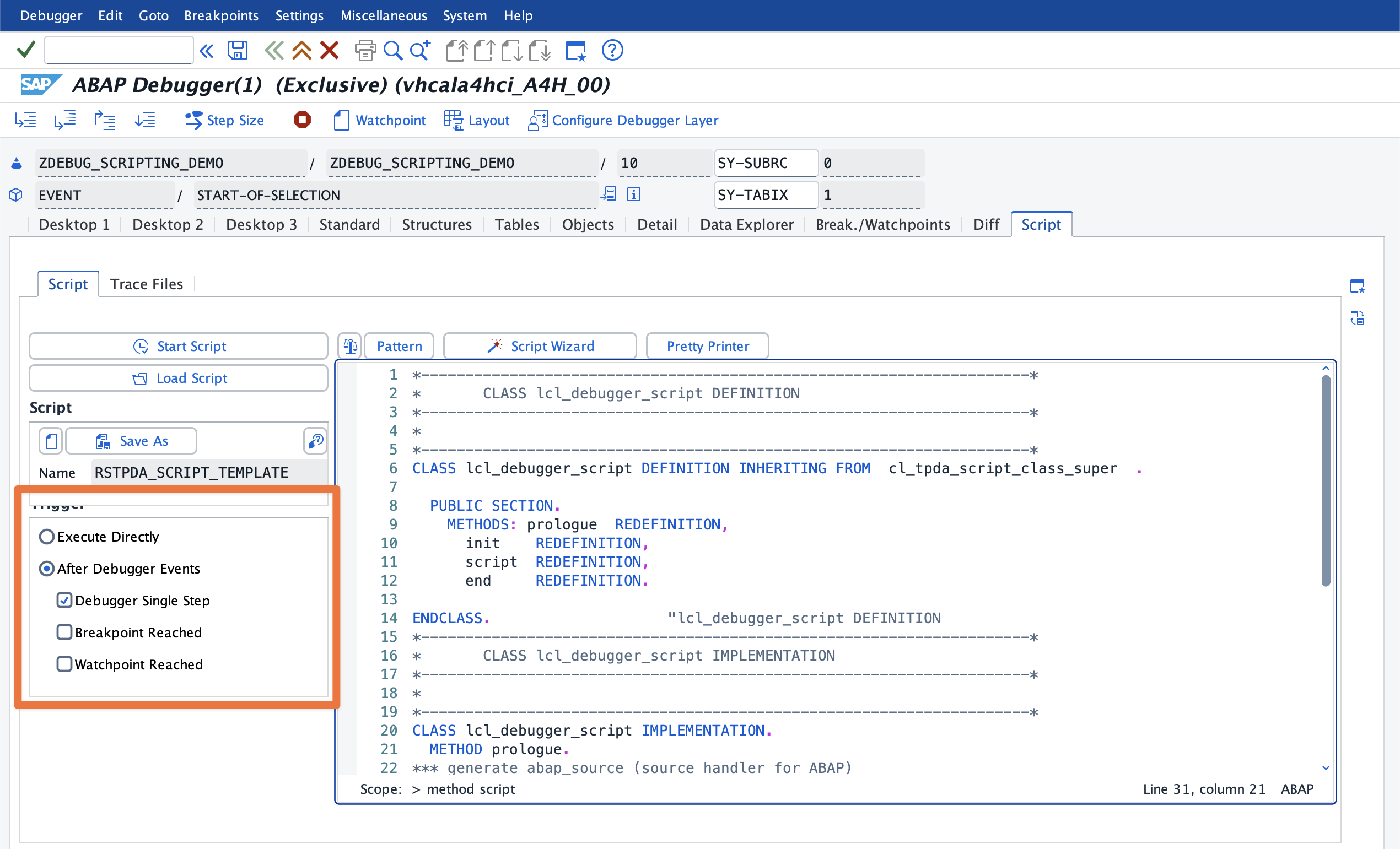 The Script tab in the ABAP debugger, showing the trigger options on the left and the script source code on the right.